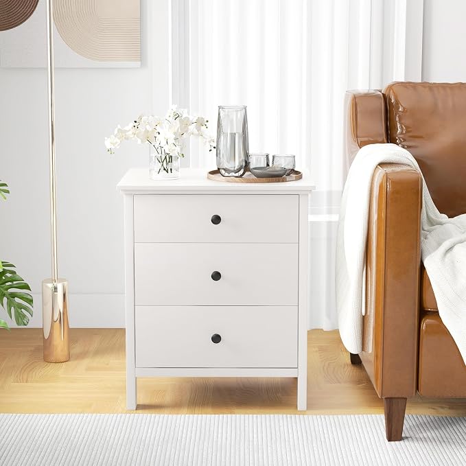 KOMFOTT 3 Drawers Nightstand Set of 2, Wooden Bedside Table, Modern Sofa Side End Table, Space-Saving Telephone Table, Chest of Drawers for Living Room, Bedroom & Office (White) - Image 5
