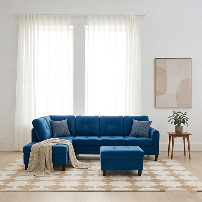 Modern L-Shape Sofa with Storage Ottoman, 3-Piece Flannel Sectional Couch Set for Living Room, Contemporary Upholstered Couch Set with Solid Wood Frame for Apartment, Blue