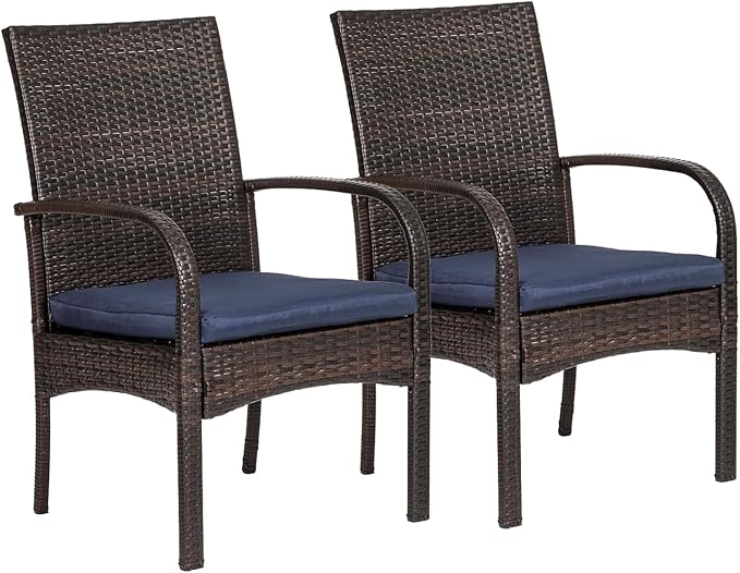 Outdoor Wicker Patio Dining Chairs with Padded Cushions Set of 2: Porch Rattan Chairs Club Chairs with High Back and Deep Seating 350lbs, Brown by SAILARYPatioFurniture