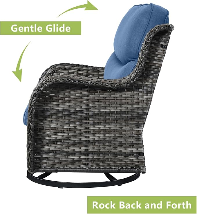 Rilyson Wicker Rocking Chair Swivel Chairs - 3 Piece Rocker Patio Furniture Set Rattan Rocking Bistro Sets with Glass Top Side Table for Outdoor Porch Deck Garden Backyard (Mixed Grey/Blue/Smile)