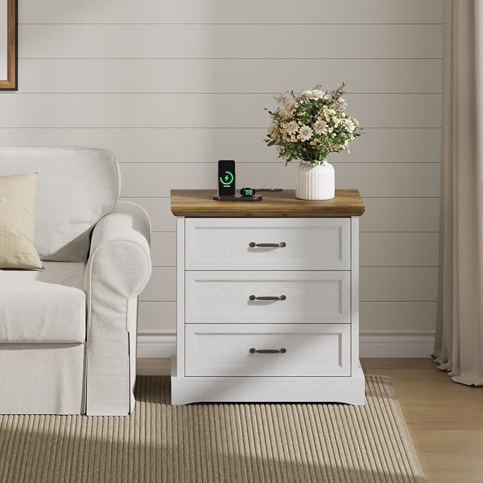 Farmhouse Nightstand Set of 2 with Charging Station and Hidden Drawer, 23.6" W Bedside Table with 4 Drawers, Night Stand for Bedroom, Home Office, White & Brown - Image 7
