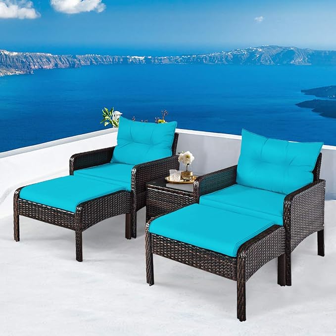 HAPPYGRILL 5-Pieces Patio Furniture Set Outdoor Rattan Wicker Conversation Set with Coffee Table Cushioned Sofas and Ottoman Chat Set for Garden Backyard