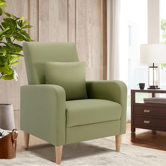 COLAMY Faux Leather Living Room Accent Chair Armchair with Pillow, Reading Side Chair,Single Sofa with Wood Legs, L-Green