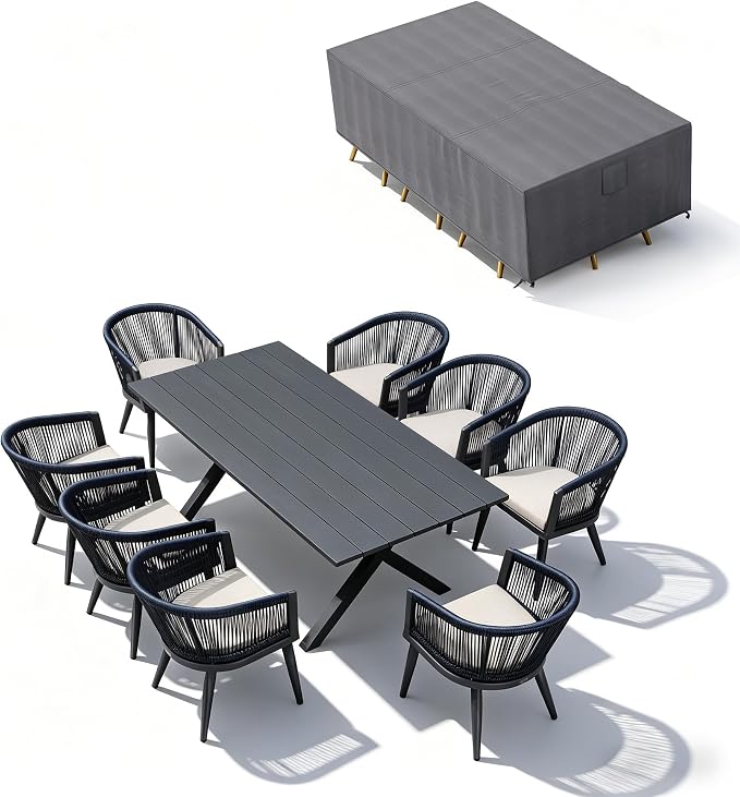 PURPLE LEAF Outdoor Dining Set with Waterproof Furniture Cover 9-Piece All-Weather Patio Set for 8 with Gray Aluminum Table Rope Weave Chairs and Cushions, Gray by PURPLELEAF