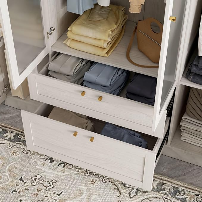 4 Door Wardrobe Armoire Closet with Hanging Rods & 2 Drawers, Bedroom Armoire with Frosted Glass Doors, Top Cabinets & Gold Handles, Wood Grain, 19.7”D x 63”W x 86.6”H
