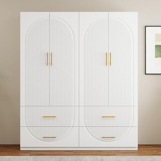 White Wardrobe Closet with Doors, 4 Drawers, Hanging Rods, Metal Handles, Large Capacity, Modern Minimalist Design, Textured Finish，Ideal for Bedroom 63.0" W x 20.39" D x 70.41" H (19)