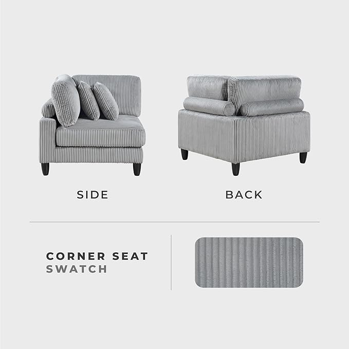Lexicon Modular Sectional Sofa for Living Room, Corduroy Fabric Upholstery Corner Seat with 2 Pillows, Units of Modular Sectional Couch, Upholstered Chair for Customizable Sectional Sofa Couch, Gray