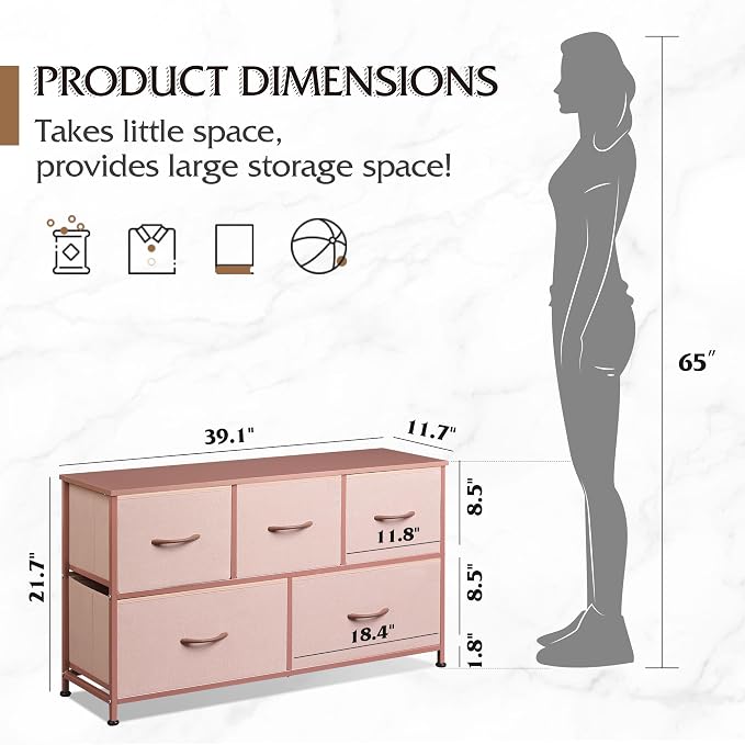 WLIVE Dresser for Bedroom with 5 Drawers, Wide Chest of Drawers, Fabric Dresser, Storage Organization Unit with Fabric Bins for Closet, Living Room, Hallway, Pink and Rose Gold - Image 3