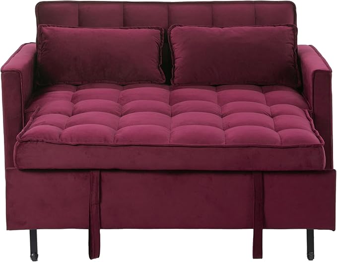 3 in 1 Convertible Sofa Bed, Love Seat Sleeper Bed with Side Pockets, Velvet Fabric Pull Out Couch with Adjustable Backrest for Living Room, Bedroom, Apartment, Purplish-Red