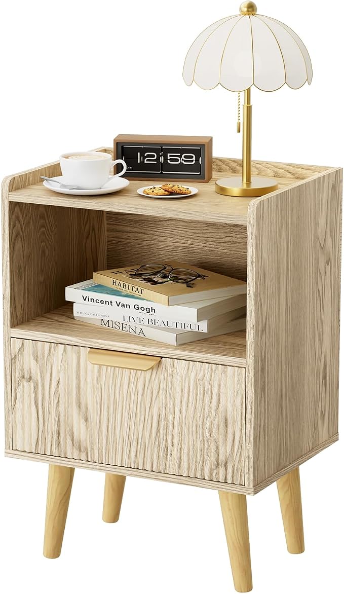 Apicizon Modern Nightstand with Storage Drawer and Open Wood Shelf, Fluted Night Stand with Solid Wood Legs, Bedside Table for Bedroom,Small Spaces, Easy Assembly, Natural - Image 9