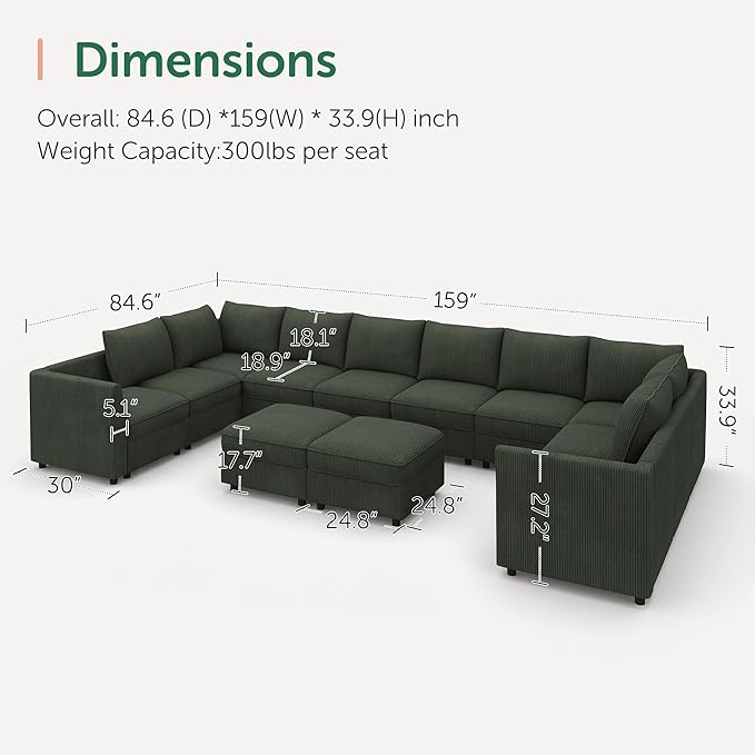 HONBAY Modular Sectional Sofa Sleeper Couch with Storage Modular Couch Convertible Couches for Living Room - Green