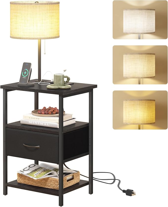 Fixwal Nightstand with LED Lights Bedside Table with 3 Color Temperatures Bulb, NightStand with Charging Station End Table with Adjustable Fabric Drawer for Bedroom Dorm, Black by Fixwal