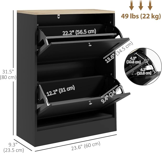 HOMCOM Shoe Storage Cabinet with 2 Flip Drawers, Wooden Freestanding Shoe Organizer with Adjustable Shelves for Entryway, Hallway, Black - Image 3