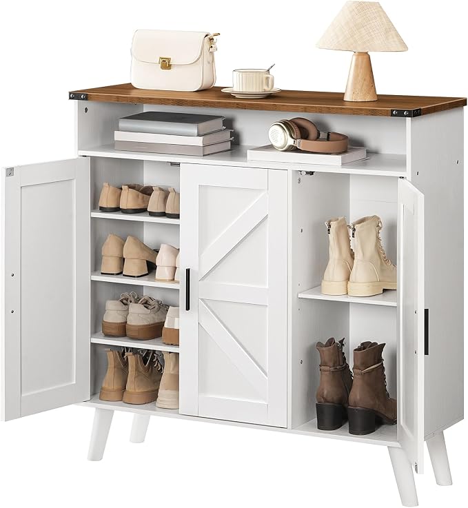 HOOBRO Shoe Cabinet Storage for Entryway, Wooden Shoe Organizer Cabinet With 3 Doors, 39.4" Freestanding Shoe Cabinet Storage for Closet, Entryway, Large Capacity, Farmhouse, White and Walnut WH20SC01 - Image 9