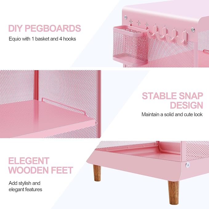 SYKIARIOL Kids Nightstand for Girls, Metal Bedside Table with 4 Hooks & Hanging Basket, 3-Tier Storage Shelf, Toddler Night Stand for Bedroom, Pink - Image 7