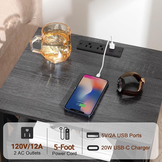 AMHANCIBLE Night Stand Set 2, LED Nightstand with Charging Station, End Side Tables with USB Port & Outlet, Bedside Table with Fabric Drawers for Bedroom, Dark Grey, HET053LDG - Image 4