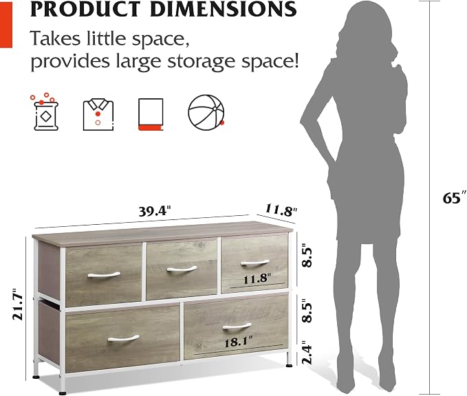 WLIVE Dresser for Bedroom with 5 Drawers, Wide Chest of Drawers, Fabric Dresser, Storage Organizer Unit with Fabric Bins for Closet, Living Room, Hallway, Greige Oak - Image 3