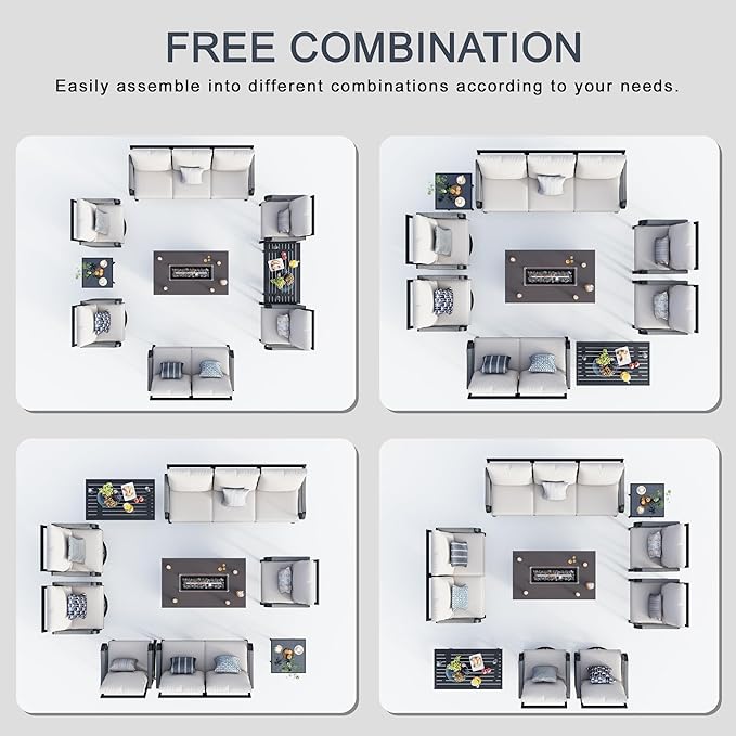 9 Pieces Outdoor Patio Conversation Sets, Outdoor Furniture Set Metal 3-Seater 2 Swivel Rockers with Side Table 2 Single Chairs 1 Loveseat with Coffee Table and Fire Pit Table, Beige