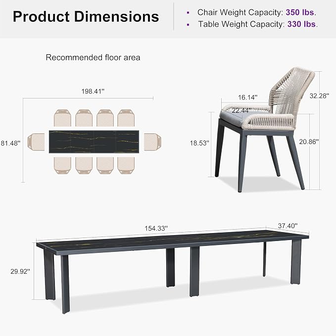 PURPLE LEAF 11 Pieces Patio Dining Set Aluminum Oversize Rectangular Table and Wicker Chairs with Cushions for Kitchen Porch Garden Modern Outdoor Furniture Sets, Dark Grey - Image 8