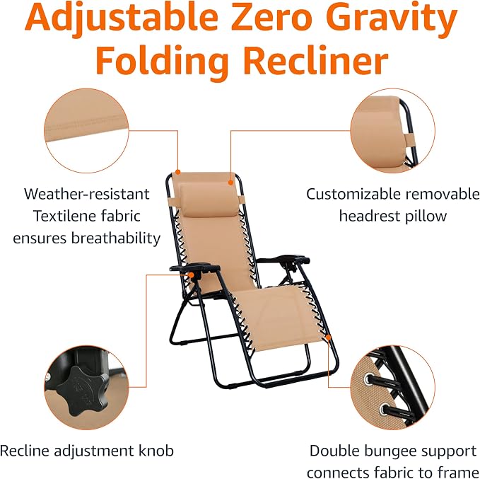 Amazon Basics Outdoor Patio Zero Gravity Folding Reclining Lounge Chair with Padded Headrest Pillow, Adjustable Lawn Chair for Outside, Weather-resistant Textilene, 26", Beige - Image 4