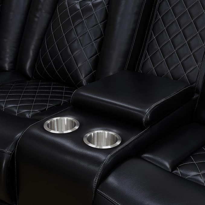 Power Recliner Living Room Set with LED, Breathing Leather Reclining Sectional Sofa Couches for Home Theater with Cup Holder, Storage Consloe, USB Charge