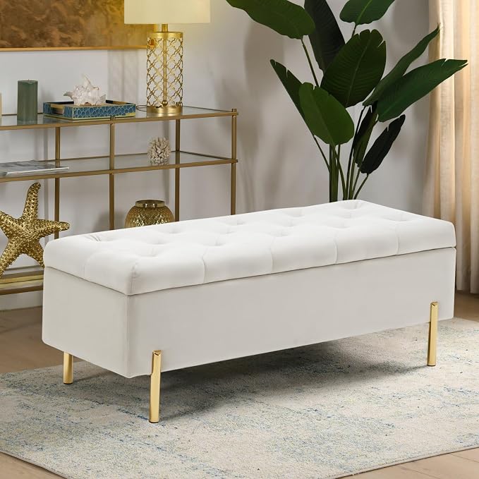 Velvet Storage Bench Ottoman,Versatile Seating with Hidden Storage,End of Bed Bench,Tufted Bench for Bedroom,Living Room,Entryway,Ivory - Image 9