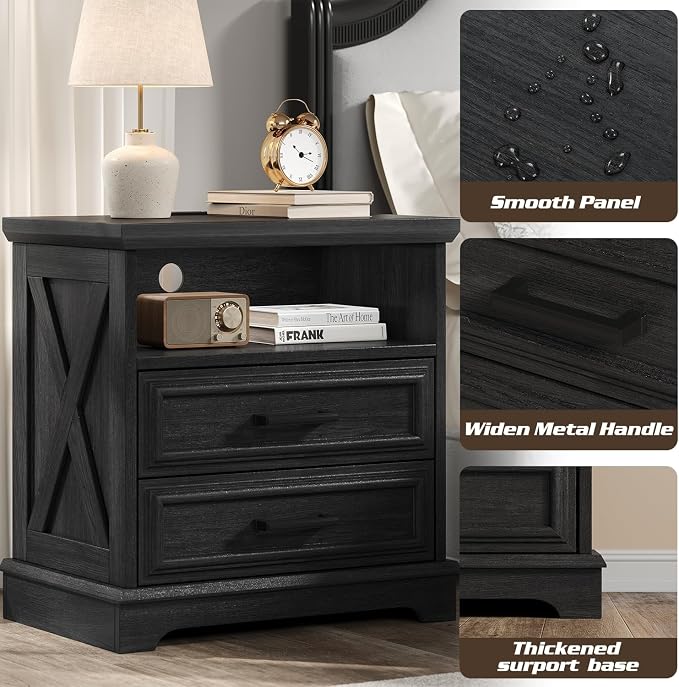 knoworld 24 Inch Wide Farmhouse Nightstands with Charging Station, Dark Gray Nightstand with 2 Large Drawers, Rustic Wood End Table for Bedroom - Image 6
