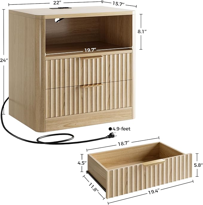 IRONCK Fluted Night Stand Set of 2, Modern Nightstand with Charging Station, Drawers and Open Shelves - Bedside Table Wood Side Table Set for Bedroom, Oak - Image 3