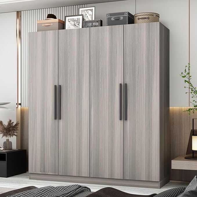 MOUMON 4 Door Wardrobe with Shelves, Armoire Wardrobe Closet with Hanging Rod, Armoire Closet with Wooden Handles, Grey 18.9" D x 63”W x 70.9”H