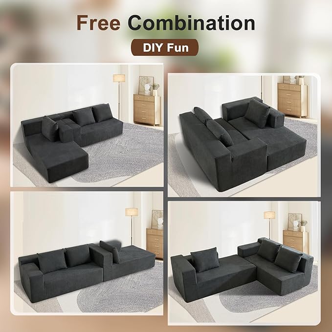 103" Boneless Sectional Couch with Right Chaise, Modular L Shaped Couches for Living Room, Large Gray Minimalist Modern Deep Seat Floor Sofa, No Assembly