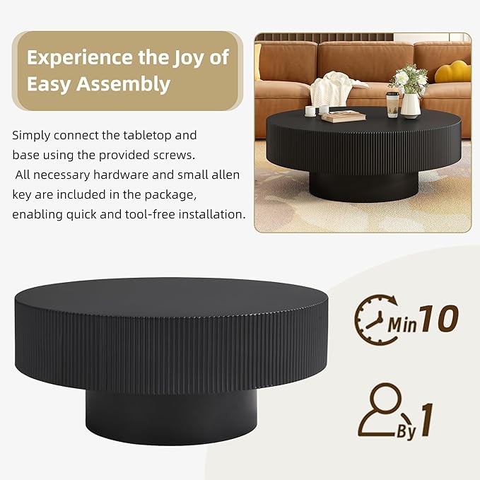 Merax Modern 35.4 Inch Round Large Coffee Table with Sturdy Base, Wood Center Table with 6.8" Thick Tabletop for Living Room Reception Room, Easy Assemble, Black