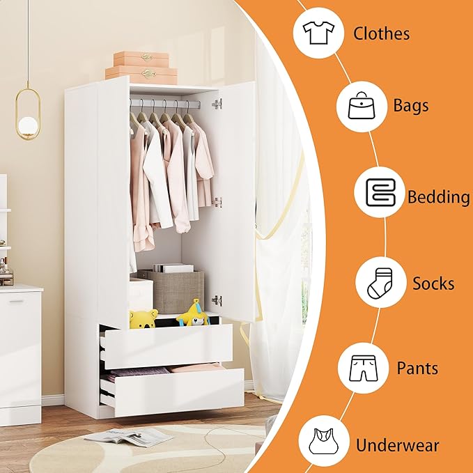Armoire Wardrobe Closet with Drawers：75" Large White Wardrobe Closet Cabinet with 6 Doors for Hanging Clothes, Modern Wooden Bedroom Armoires with 7 Drawers and Storage (A+B+A, 94.5")