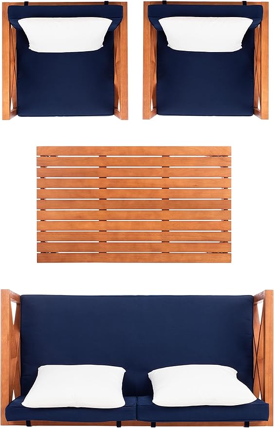 Safavieh PAT7031A Collection Nunzio Teak and White and Navy 4 Pc Accent Pillows Outdoor Set