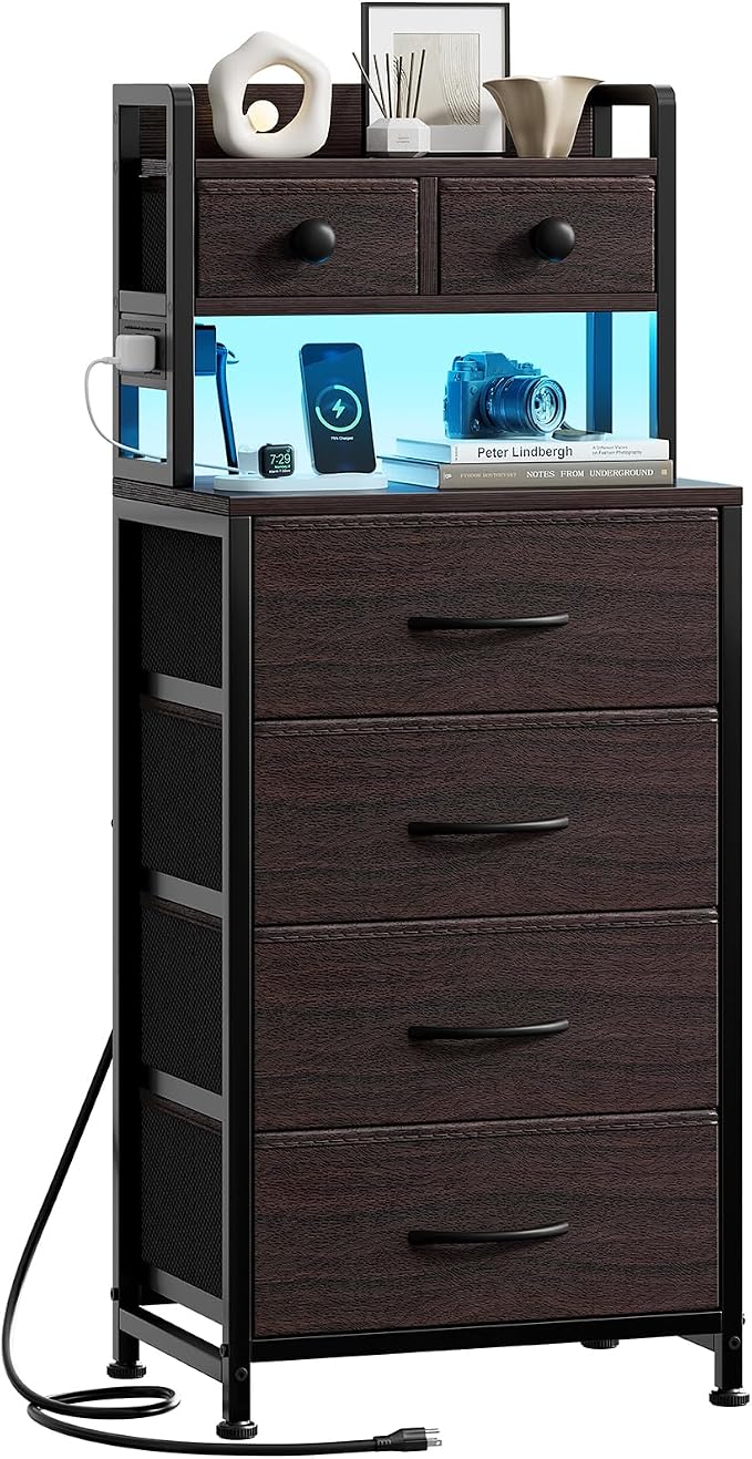 REAHOME 41 Inch Tall Nightstand with Charging Station, LED Night Stand with 6 Fabric Drawers, Bed Side Table with 3-Tier Wood Storage Shelves for Bedroom, Office, Small Spaces, Leather Brown by REAHOME