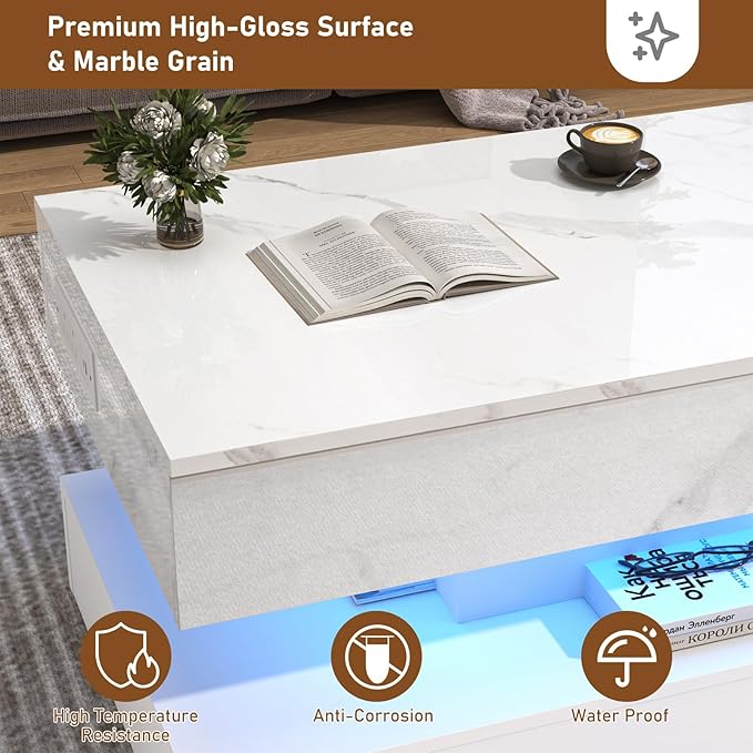 39.4" Large Lift Top Coffee Table, Modern LED High Glossy Coffee Table with Charging Station, Lights, Hidden Compartment Storage, Lift Center Tables for Living Room, Home Office, White