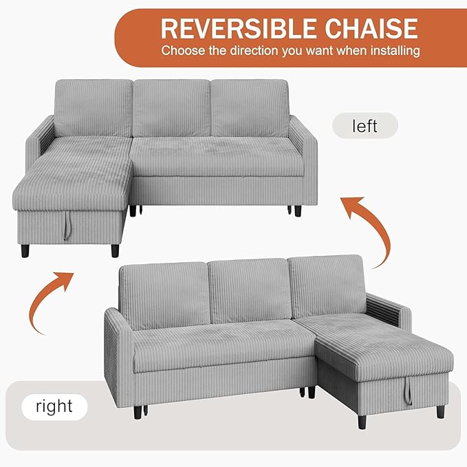 Shintenchi Futon Sofa Bed Convertible Couches L Shaped, 4‑in‑1 Sectional Sleeper Sofa Pull Out Couches for Living Room, Multifunctional Couch with Storage Chaise Corduroy Fabric, Light Gray