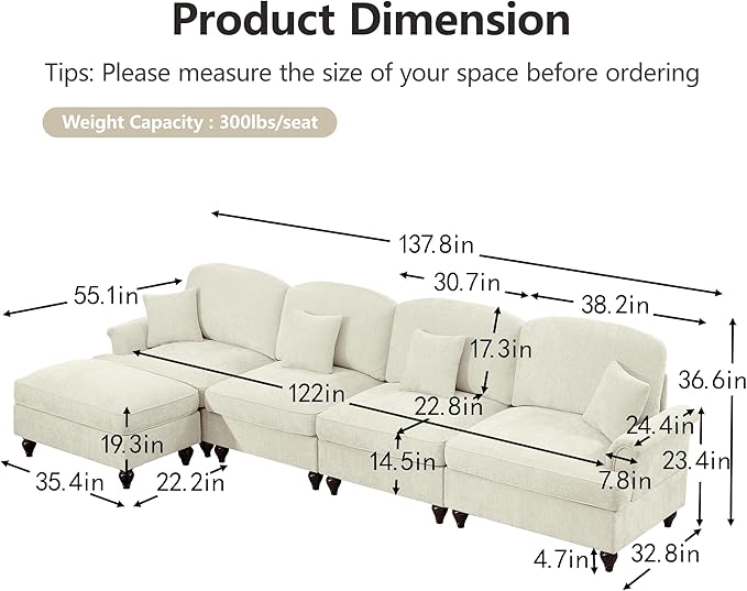 KEIKI Mid Century Modular Sofa with Flared Arms and Skirted Design, 137“ Oversized 4-Seater Luxury with Ottoman Chenille L-Shaped Sectional Couches for Living Room, Chaise Lounge Indoor, Beige White