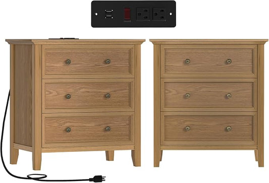 IKENO 3 Drawer Nightstand with Charging Station, Solid Wood Set of 2, End Table with USB Ports & Outlets, Modern Bedside Table with Storage Drawers for Bedroom, Living Room, Teak by IKENO