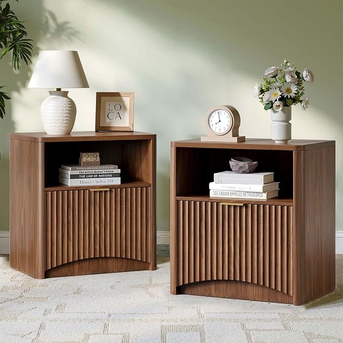 Evermagin Fluted Nightstand Set of 2, Walnut Bedside Table with Drawer and Storage, Wood End Table Mid Century Modern, Large Night Stand for Bedroom by Evermagin