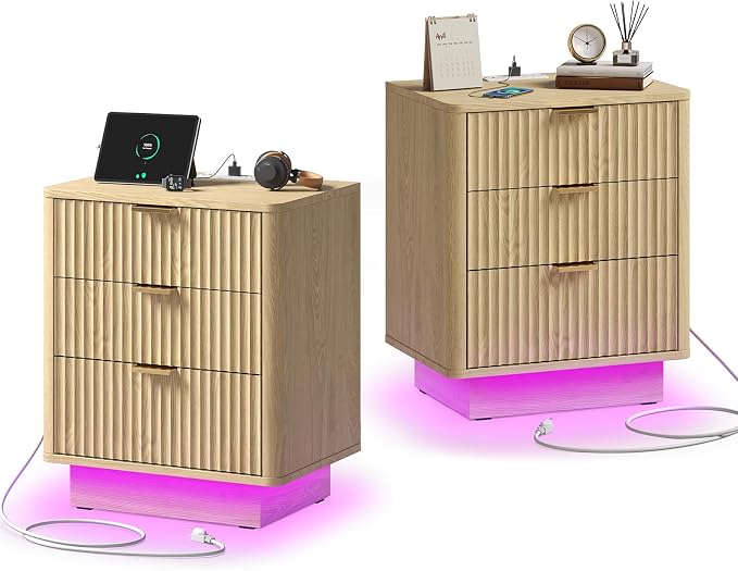 GOLDDAY Nightstands Set of 2 with Charging Station & LED Light, 3-Drawer Bedside Table with Outlets, Modern End Table with Open Shelf, for Bedroom, Home Office, Natural by GOLDDAY