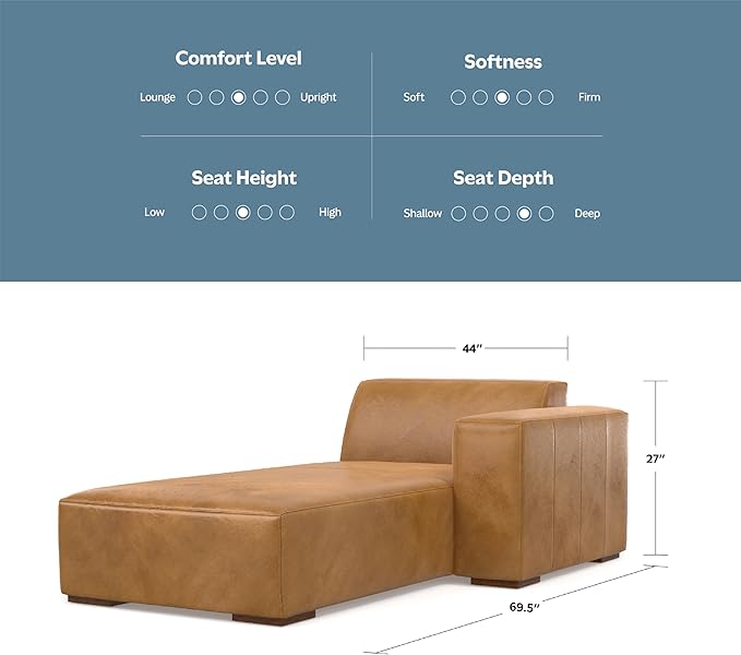 SIMPLIHOME Rex Right Chaise Sofa Module in Full-Grain Genuine Leather, Sienna, 44-inches W x 69.5-inches D, Handcrafted Modern-Style Right-Arm Chaise Lounge Chair for Living Room and Family Room