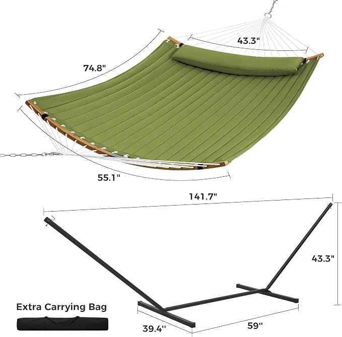 SUPERJARE Curved-Bar Hammock with Stand, 2 Person Heavy Duty Hammock Frame, Detachable Pillow & Portable Carrying Bag, Perfect for Outdoor & Indoor, Spring Green - Image 8