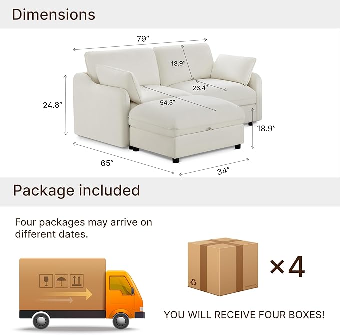 79" Cloud Sectional Couches for Living Room,L Shaped Oversized Modular Modern Linen Sofa with 1 Movable Ottoman,3 Deep Seat with 2 Throw Pillows,Warm White