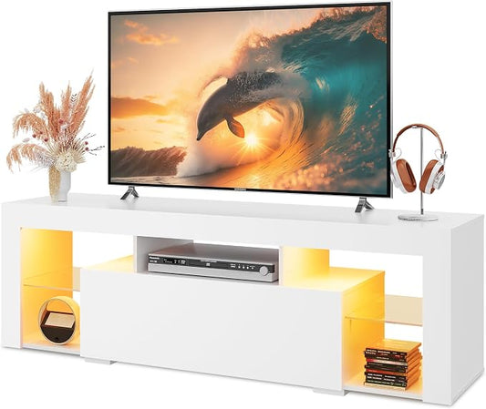 WLIVE TV Stand with LED Lights & 2 Large Storage Drawers, Modern Entertainment Center for 32/43/50/55/60 Inchs TVs, Sturdy TV Console for Living Room, Bedroom(White) by WLIVE
