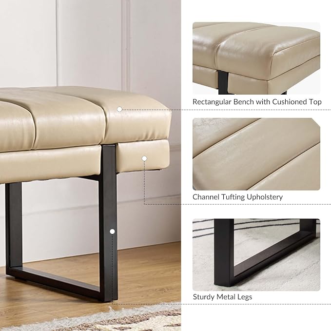 HULALA HOME 53" Faux Leather Entryway Bench, Button Tufted End of Bed Bench Ottoman for Bedroom, Living Room with Metal Base,Beige - Image 5