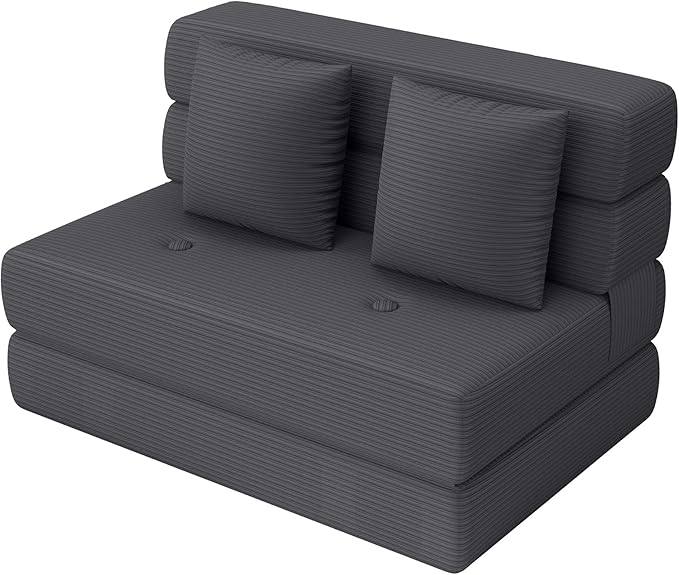 Folding Sofa Bed, Convertible Sleeper Chair & Couch Bed with Pillow, One-Piece High-Density Sponge Mattress, Multi-Purpose Corduroy Floor Sofa for Living Room, Office, Apartment, Grey, Twin