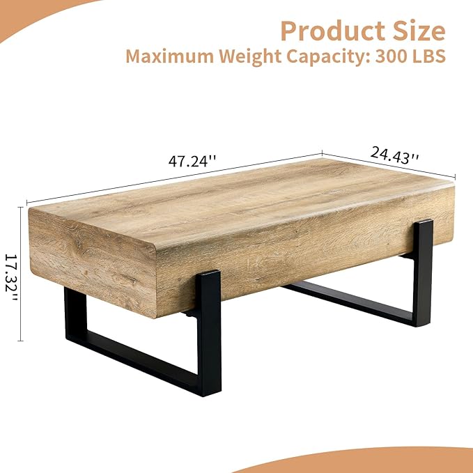47.24" Rectangle Coffee Table, Wood Coffee Table Center Table with 7.8" Thick Tabletop Metal Legs Rounded Corners for Living Room Office, Natural Wood