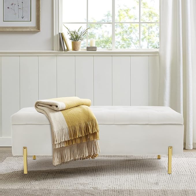 Velvet Storage Bench Ottoman,Versatile Seating with Hidden Storage,End of Bed Bench,Tufted Bench for Bedroom,Living Room,Entryway,Ivory - Image 7