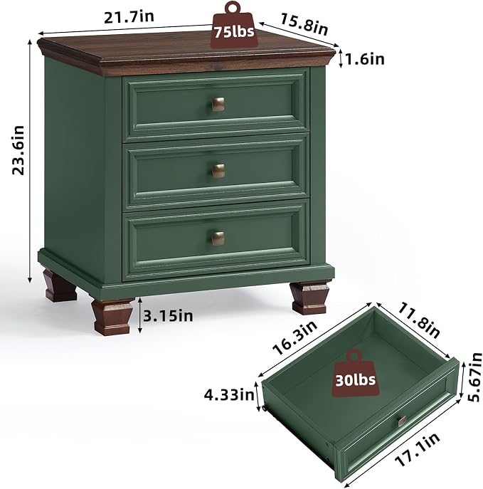 SAVOR LIFE Farmhouse Nightstand with 3 Drawers, Rustic Couch End Table with 4 Square Solid Wood Legs, Mid-Century Vintage Bed Side Table with Storage, Small Dresser for Bedroom, Living Room, Green - Image 2