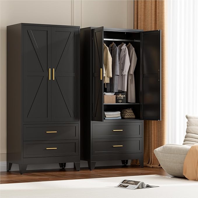 LCAOPC 71" Tall Metal Wardrobe Cabinet with 2 Drawers and Hanging Rod, 2 Doors Armoire Wardrobe Closet with Shelf for Bedroom, Office, Laundry Room, Black